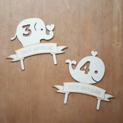 Cake topper en bois bébé baleine éléphant