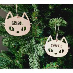 Décoration sapin boule de Noël en bois tête de chat personnaliséea