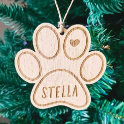 Décoration sapin boule de Noël en bois patte chien chat avec nom personnalisé